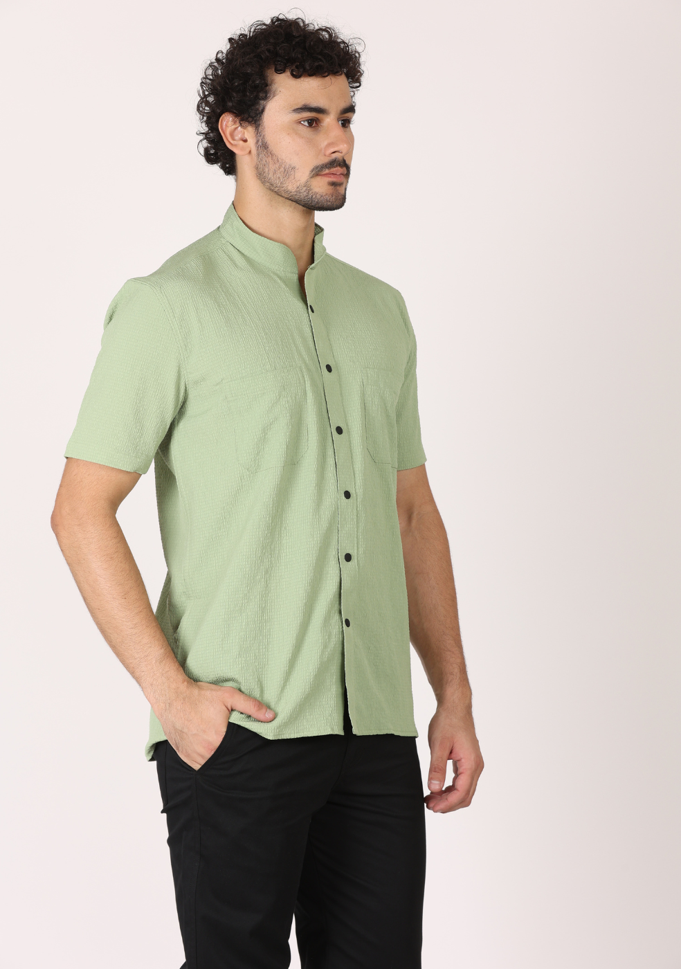 Chinese Collar Green Shirts For Men
