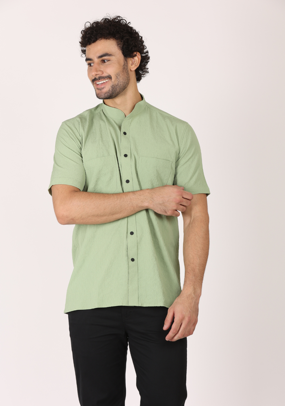 Chinese Collar Green Shirts For Men