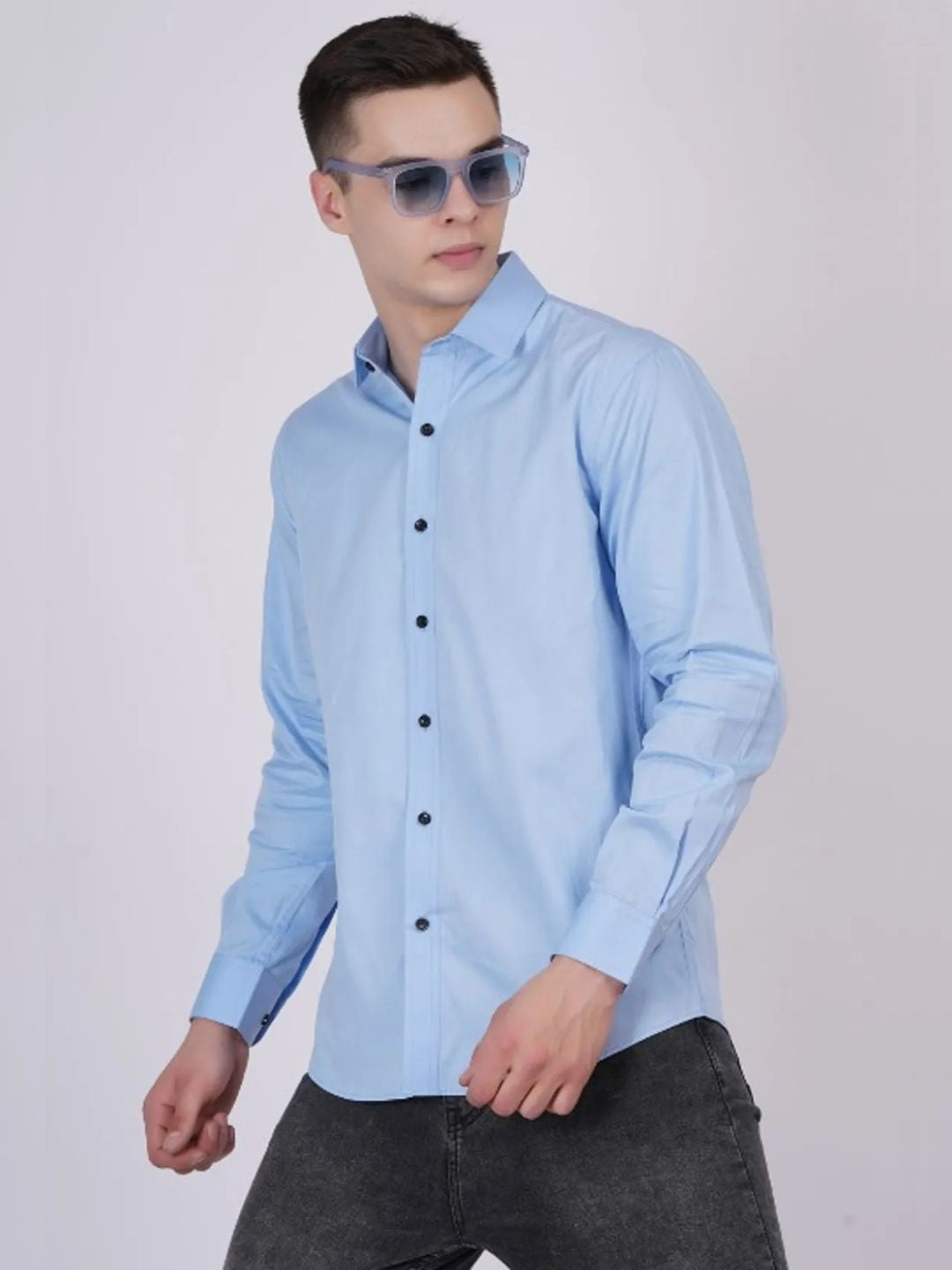 Sky-Blue Formal Shirts For Men Without Pocket