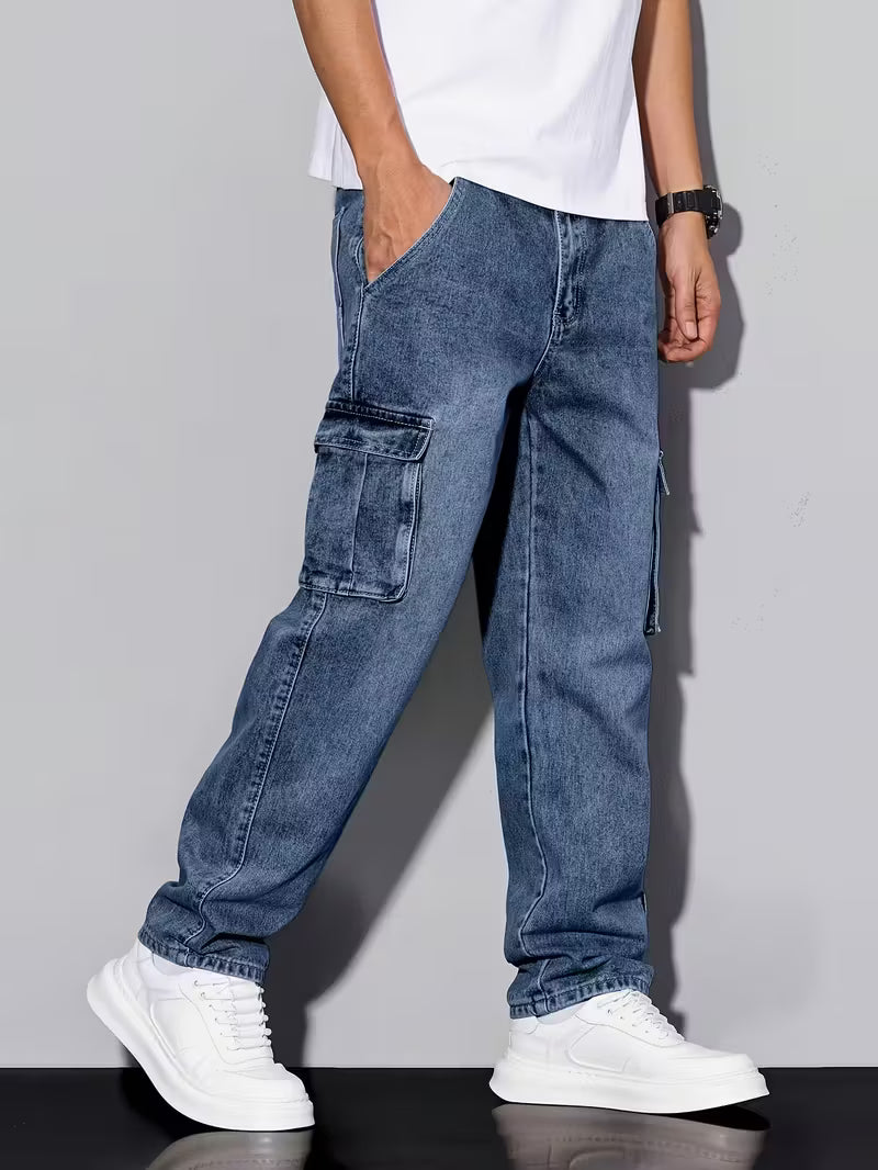 Multi-Pocket Cargo Jeans, Loose Straight Leg Casual Pants