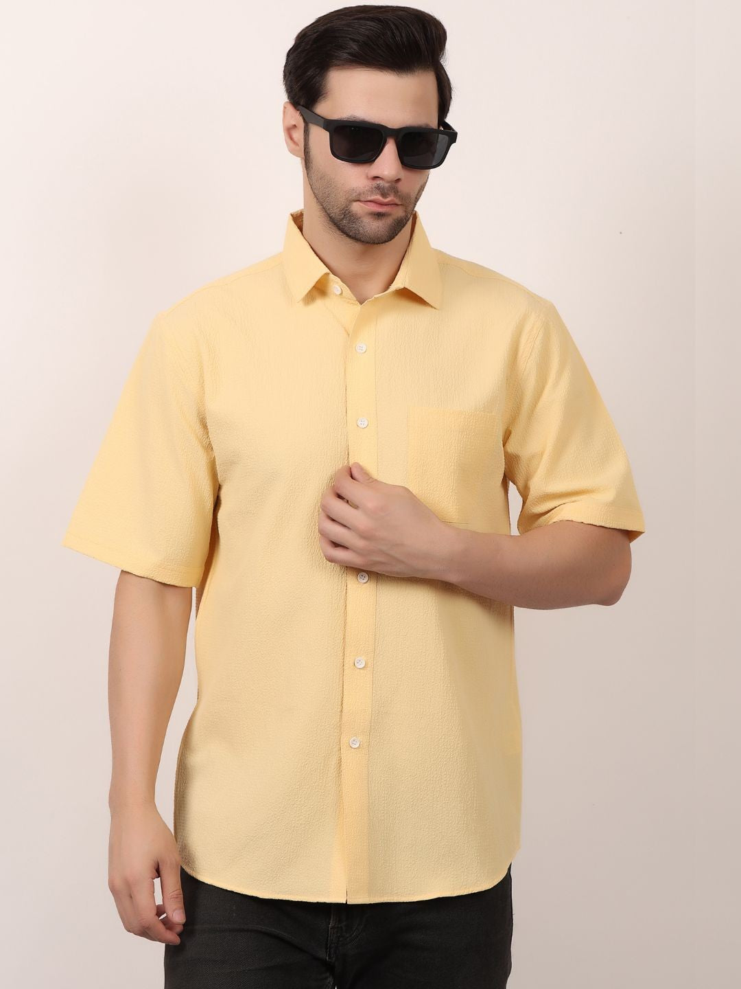 Yellow Popcorn Casual Half Sleeve Shirt For Men
