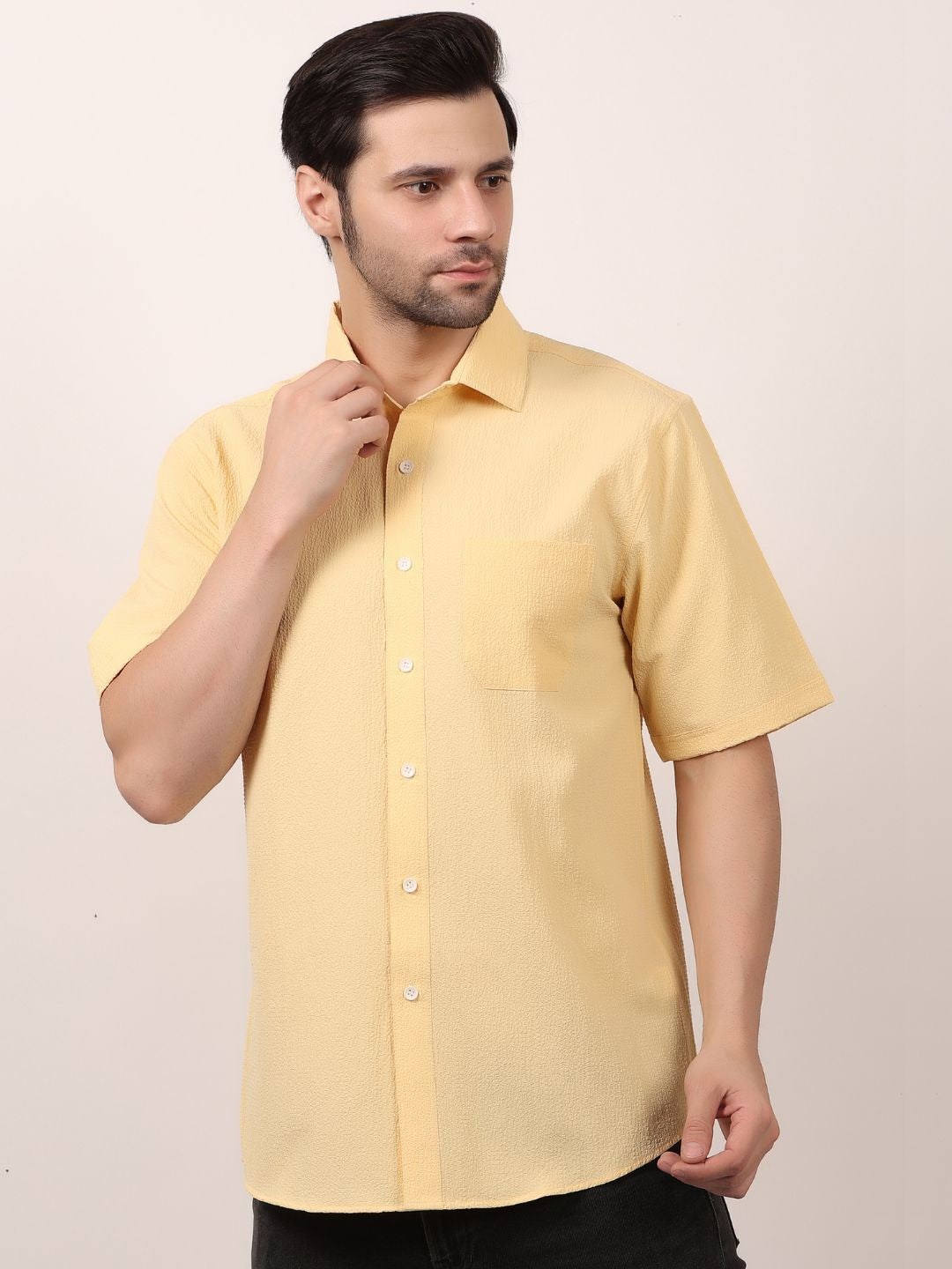 Yellow Popcorn Casual Half Sleeve Shirt For Men