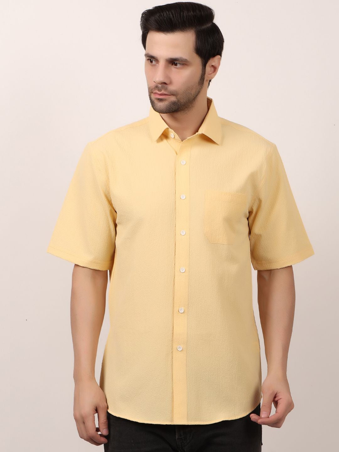 Yellow Popcorn Casual Half Sleeve Shirt For Men