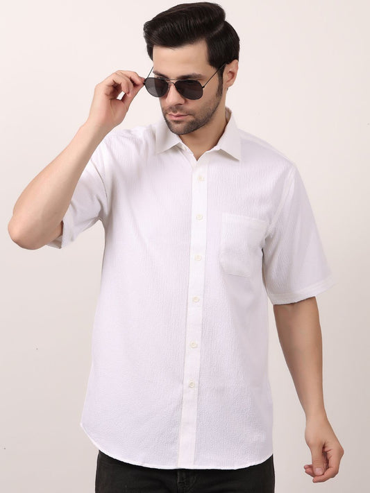 White Popcorn Casual Half Sleeve Shirt For Men