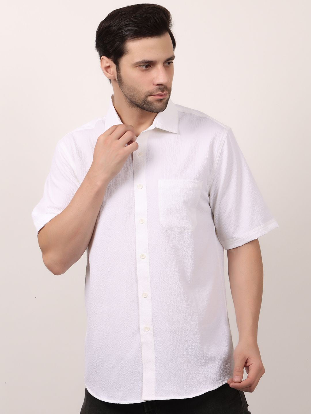 White Popcorn Casual Half Sleeve Shirt For Men