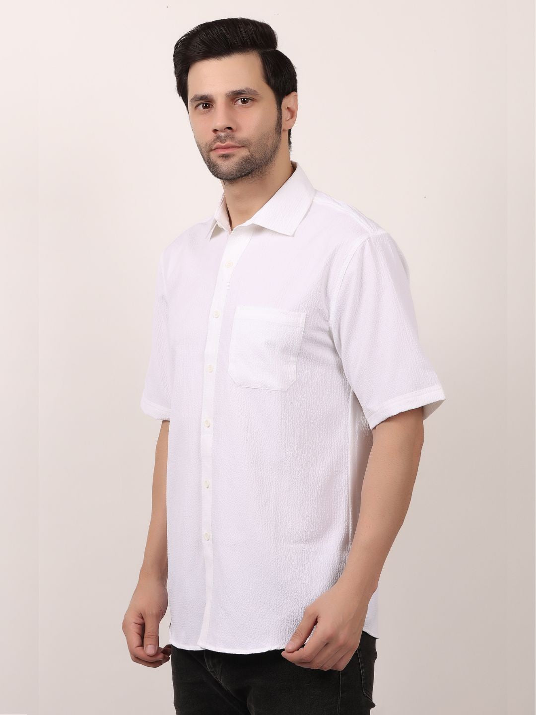 White Popcorn Casual Half Sleeve Shirt For Men