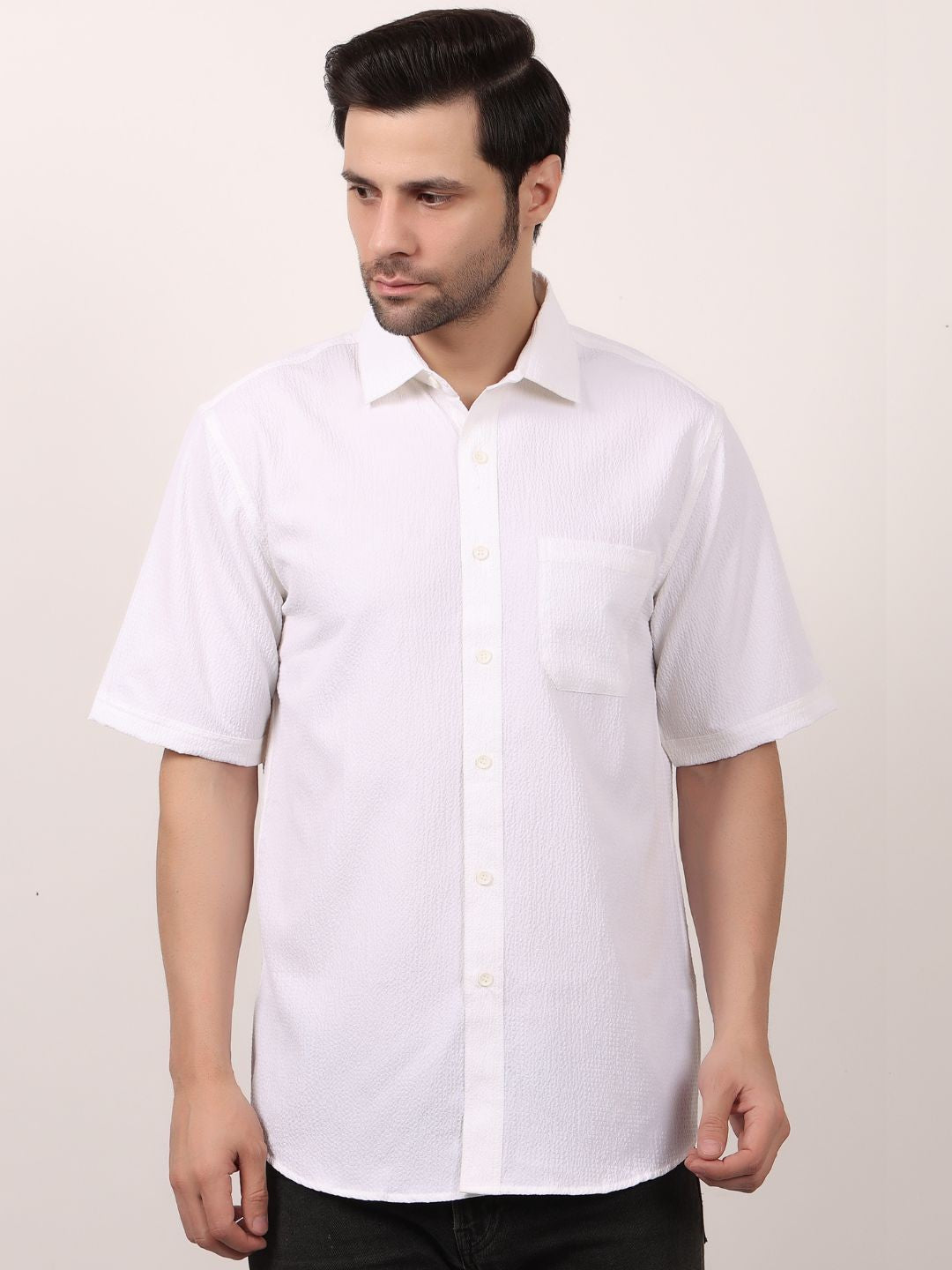 White Popcorn Casual Half Sleeve Shirt For Men