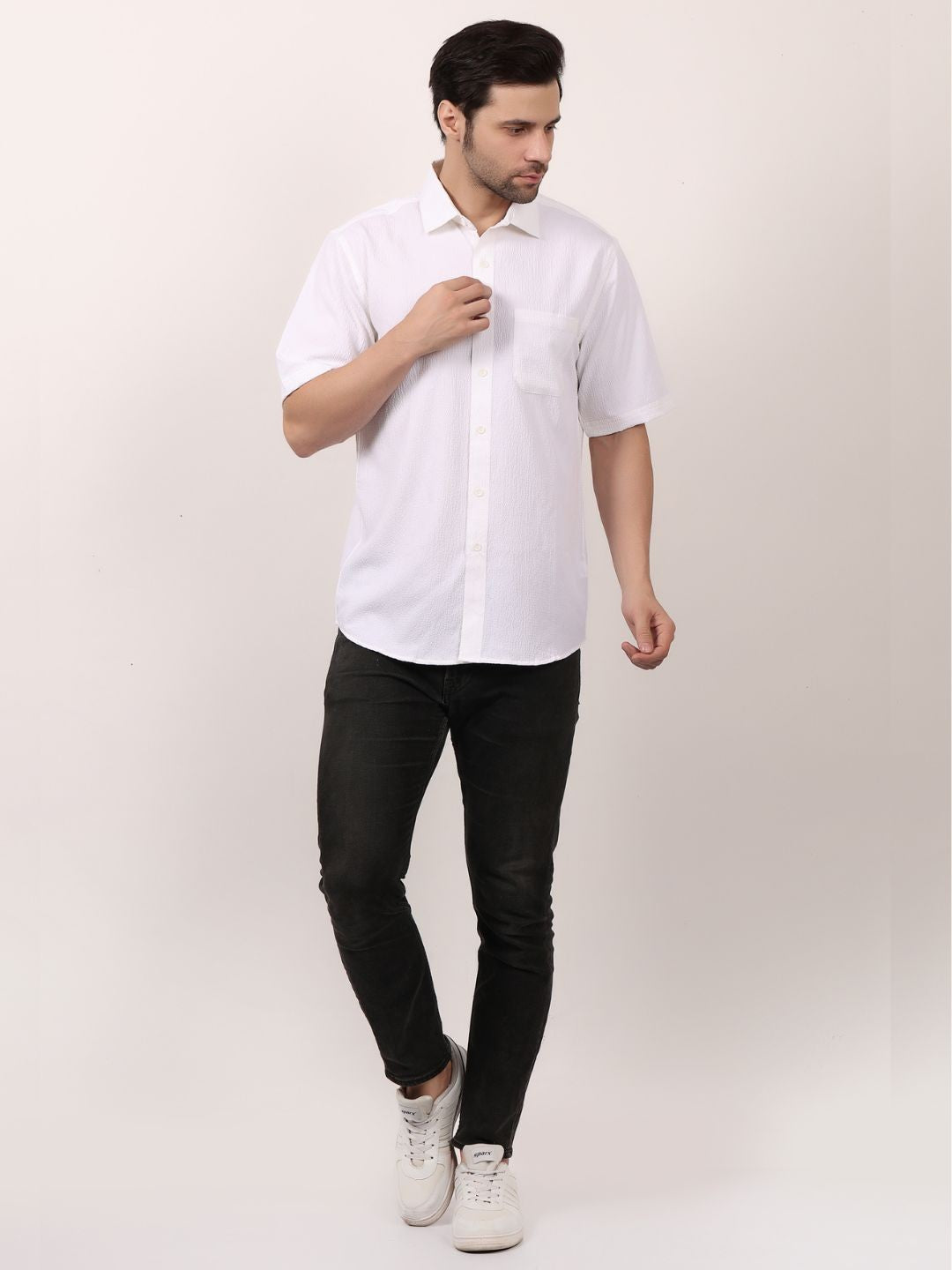 White Popcorn Casual Half Sleeve Shirt For Men