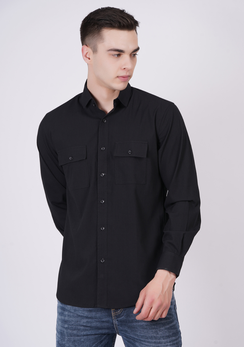 Men Double Pocket Popcorn Premium Black Shirt