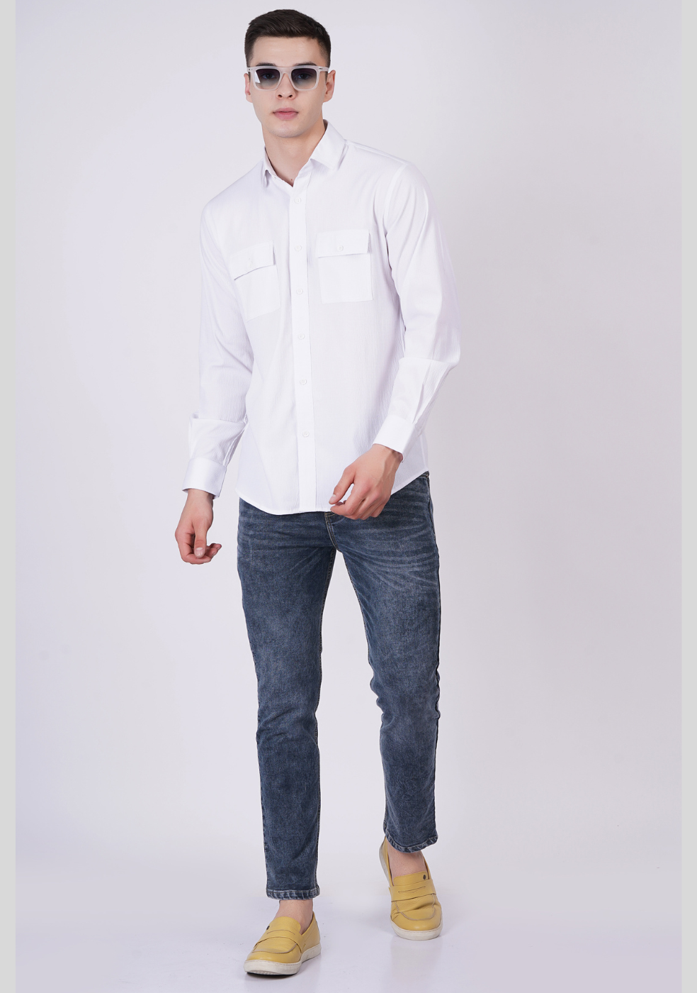 Men Double Pocket Popcorn Premium White shirts