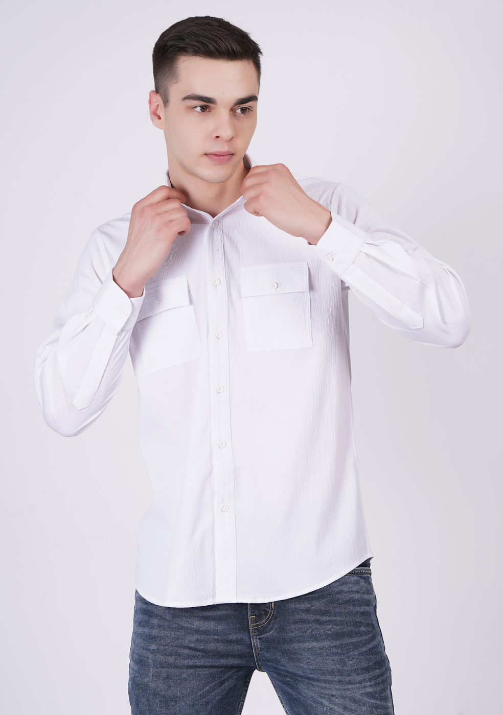 Men Double Pocket Popcorn Premium White shirts
