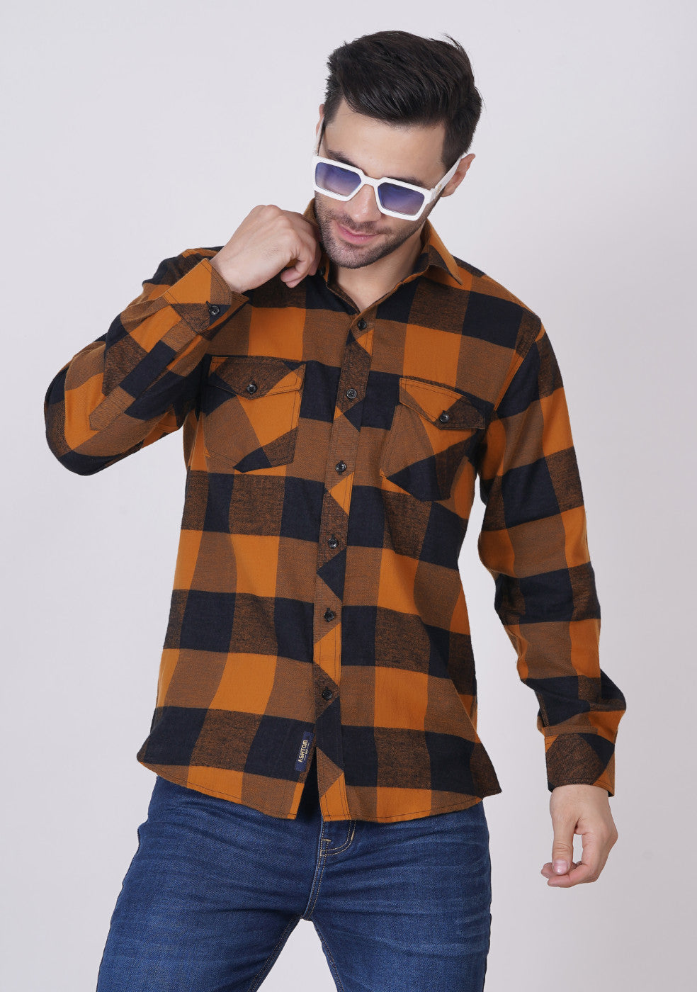 Light-Brown Checked Shirts For Men - ASHTOM