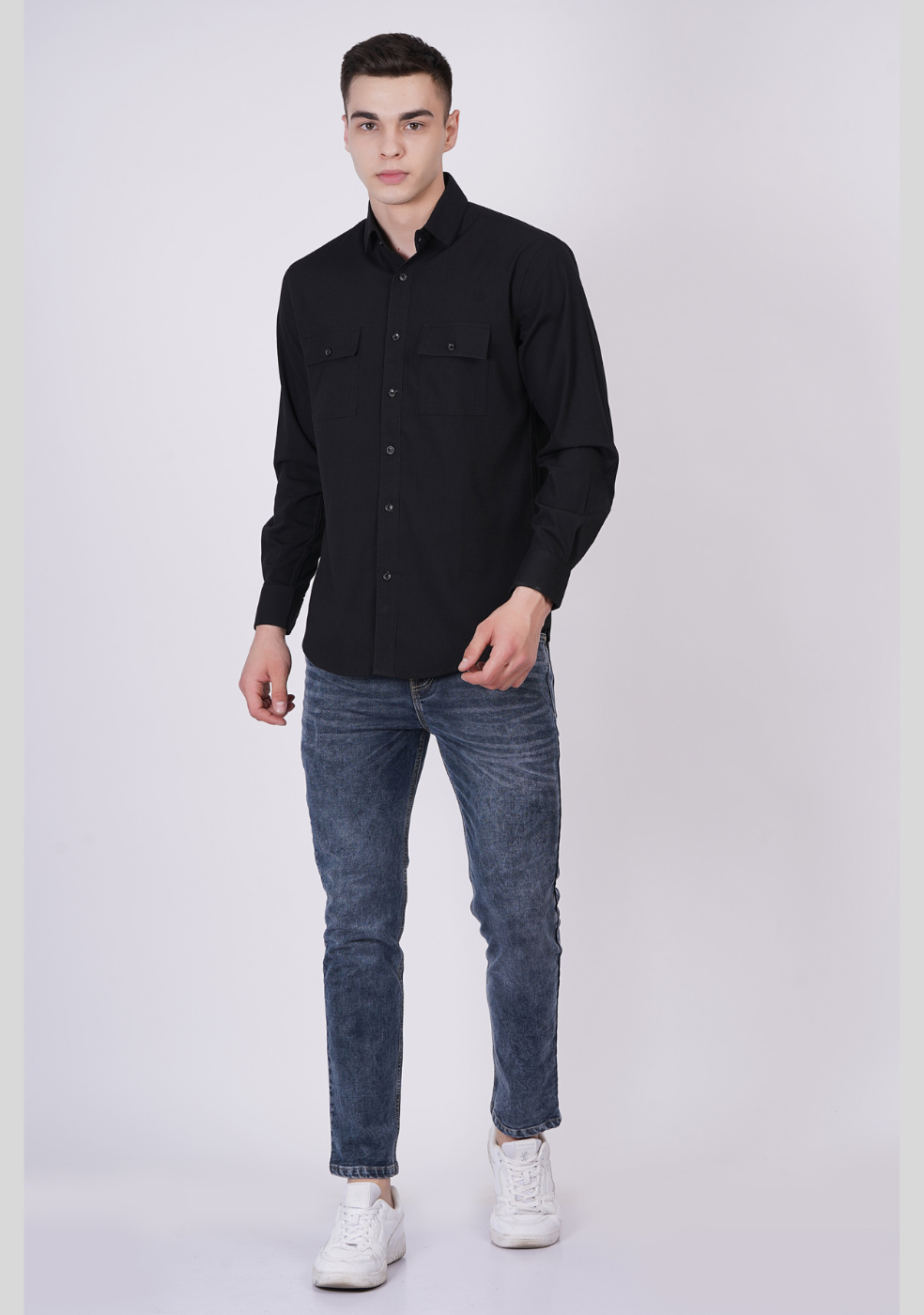 Men Double Pocket Popcorn Premium Black Shirt