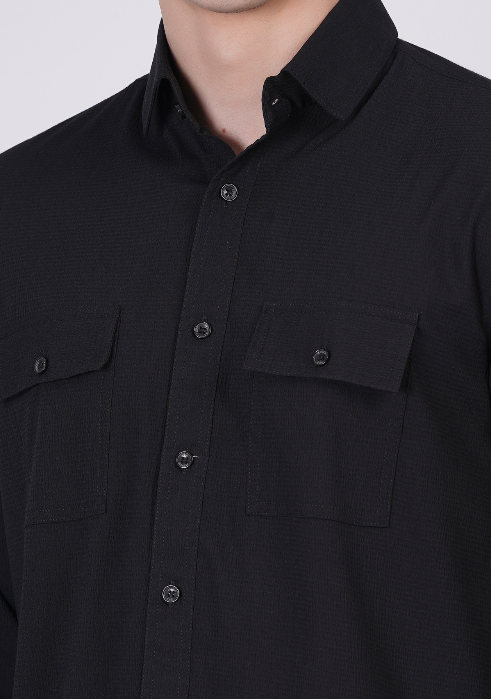 Men Double Pocket Popcorn Premium Black Shirt