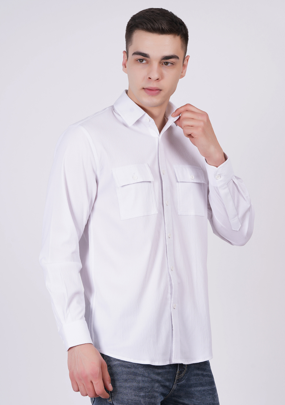 Men Double Pocket Popcorn Premium White shirts