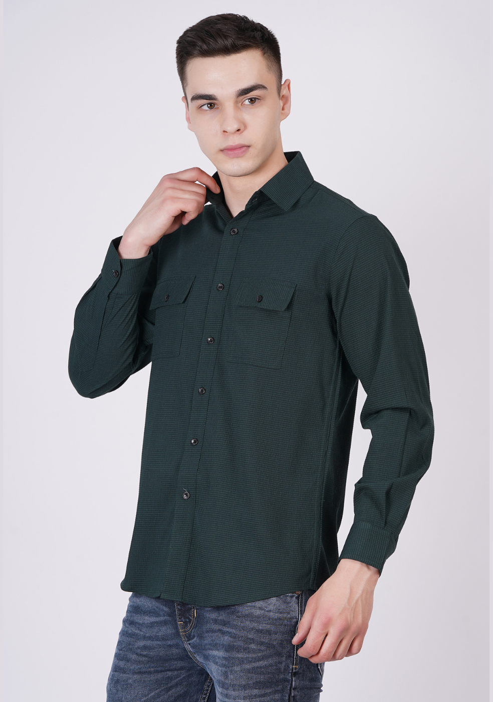 Men Double Pocket Popcorn Premium Green shirts