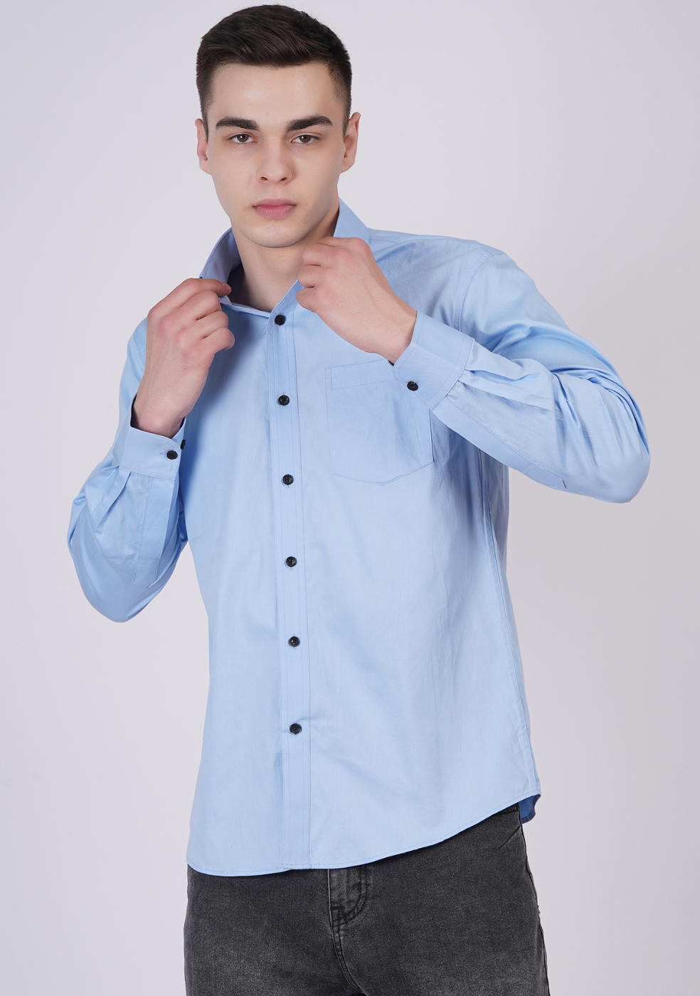 Sky-Blue Formal Shirts For Men With Single Pocket