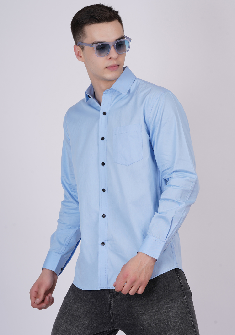 Sky-Blue Formal Shirts For Men With Single Pocket