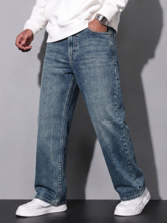 Premium Men’s Lycra Stretch Baggy Whisker Wash Denim