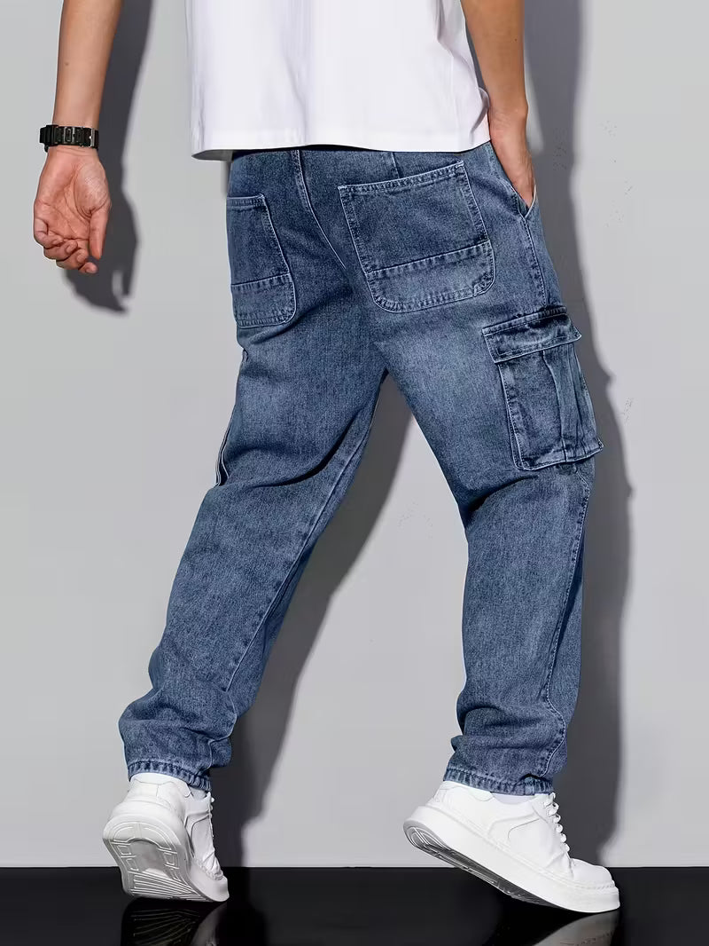 Multi-Pocket Cargo Jeans, Loose Straight Leg Casual Pants