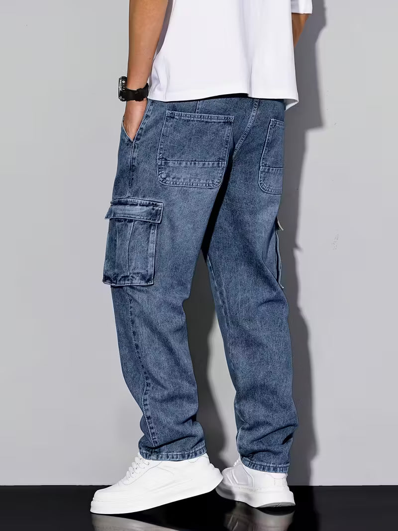 Multi-Pocket Cargo Jeans, Loose Straight Leg Casual Pants