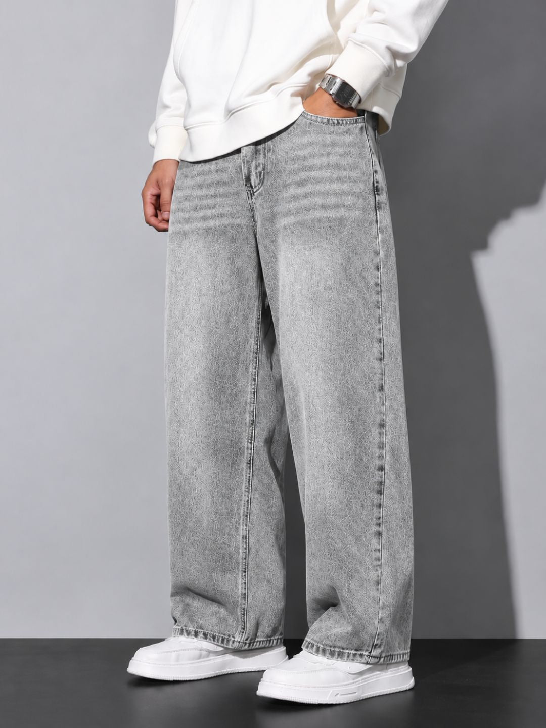 Premium Men’s Lycra Stretch Baggy Whisker Wash Denim
