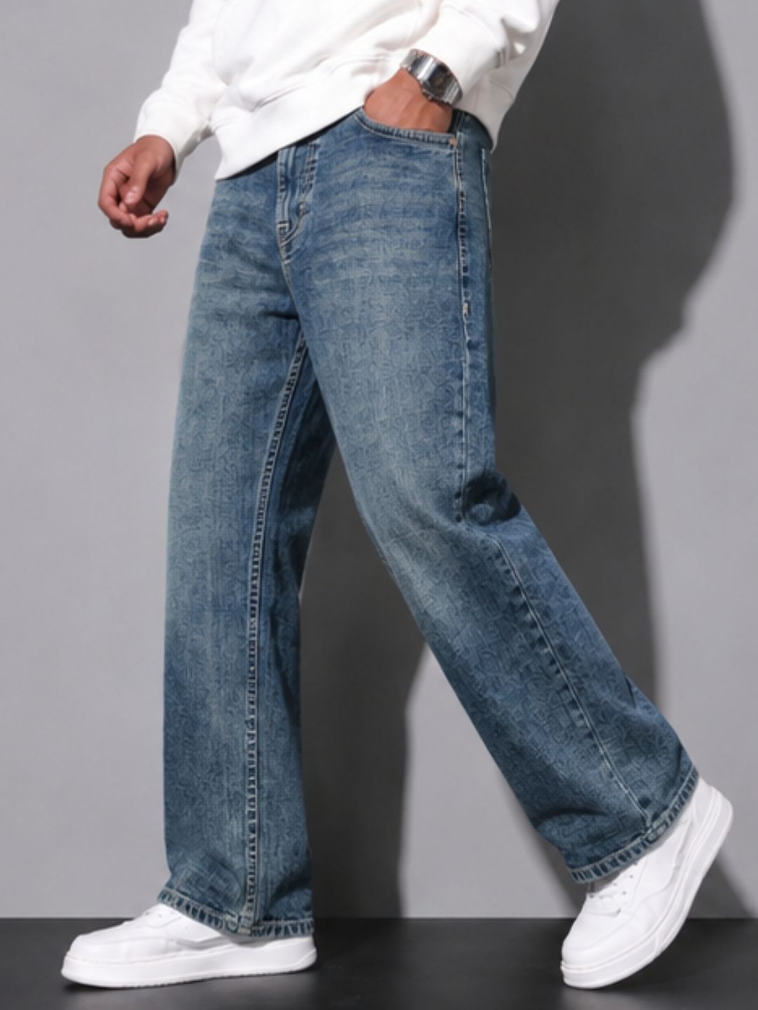 Premium Men’s Lycra Stretch Baggy Whisker Wash Denim