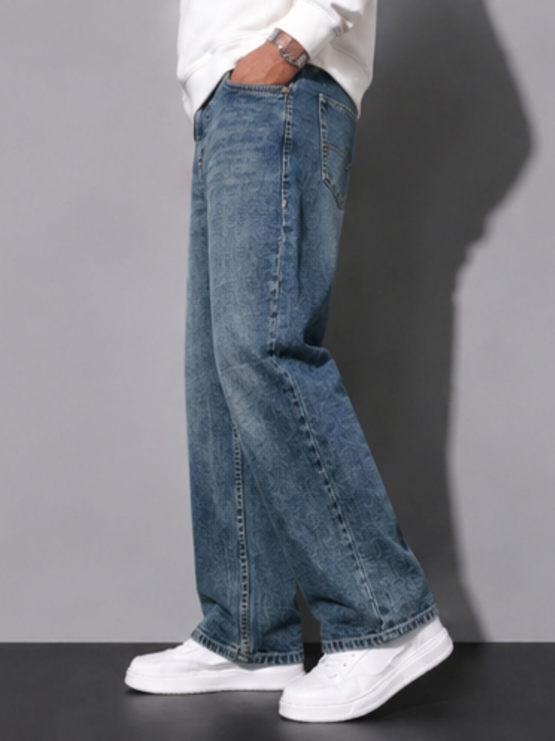 Premium Men’s Lycra Stretch Baggy Whisker Wash Denim