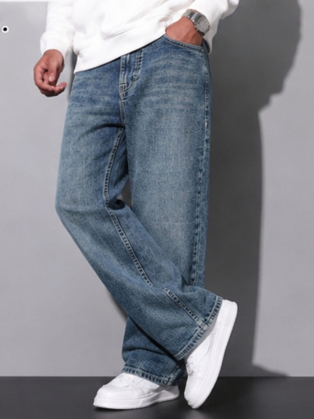 Premium Men’s Lycra Stretch Baggy Whisker Wash Denim