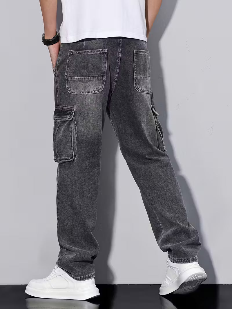Multi-Pocket Cargo Jeans, Loose Straight Leg Casual Pants