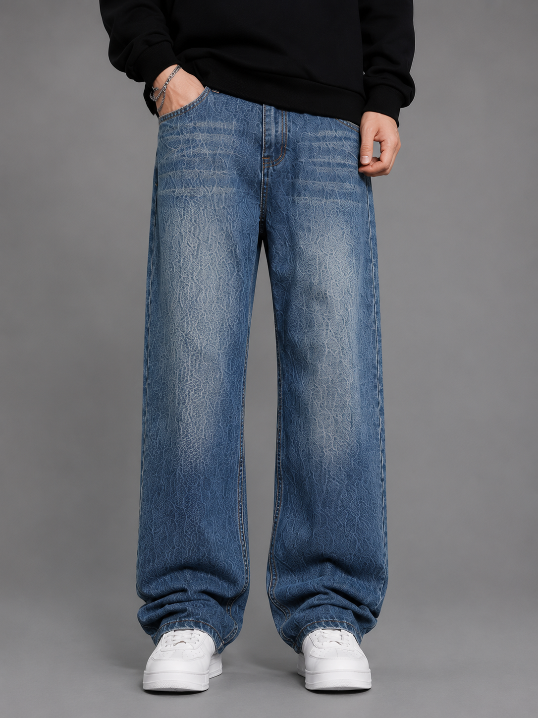 Premium Men’s Lycra Stretch Baggy Whisker Wash Denim