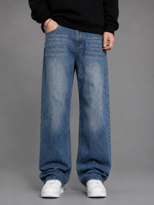 Premium Men’s Lycra Stretch Baggy Whisker Wash Denim