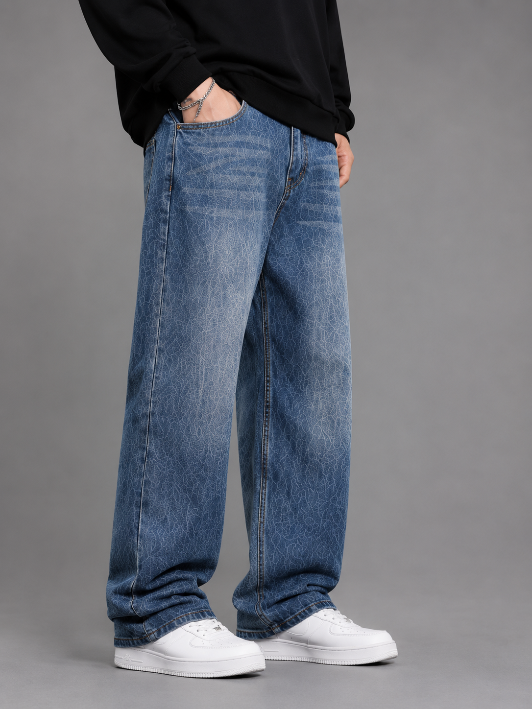 Premium Men’s Lycra Stretch Baggy Whisker Wash Denim