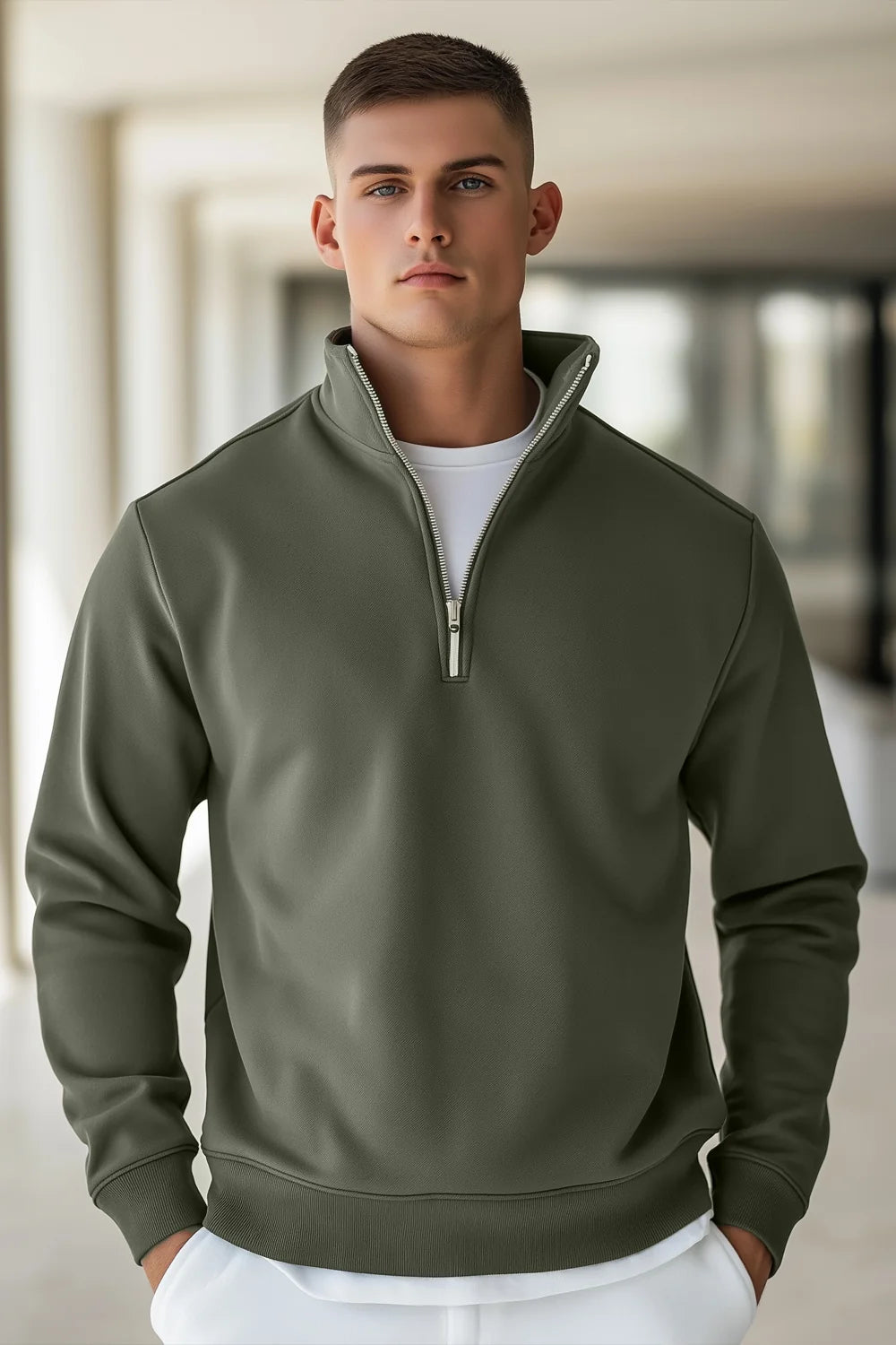 Mock Neck Sweatshirt - Olive Green