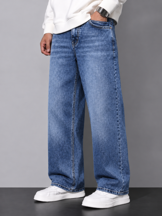 Premium Men’s Lycra Stretch Baggy Whisker Wash Denim Blue