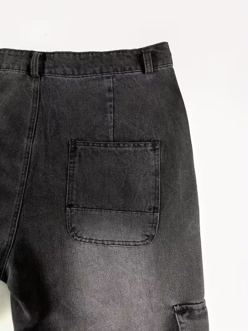 Multi-Pocket Cargo Jeans, Loose Straight Leg Casual Pants