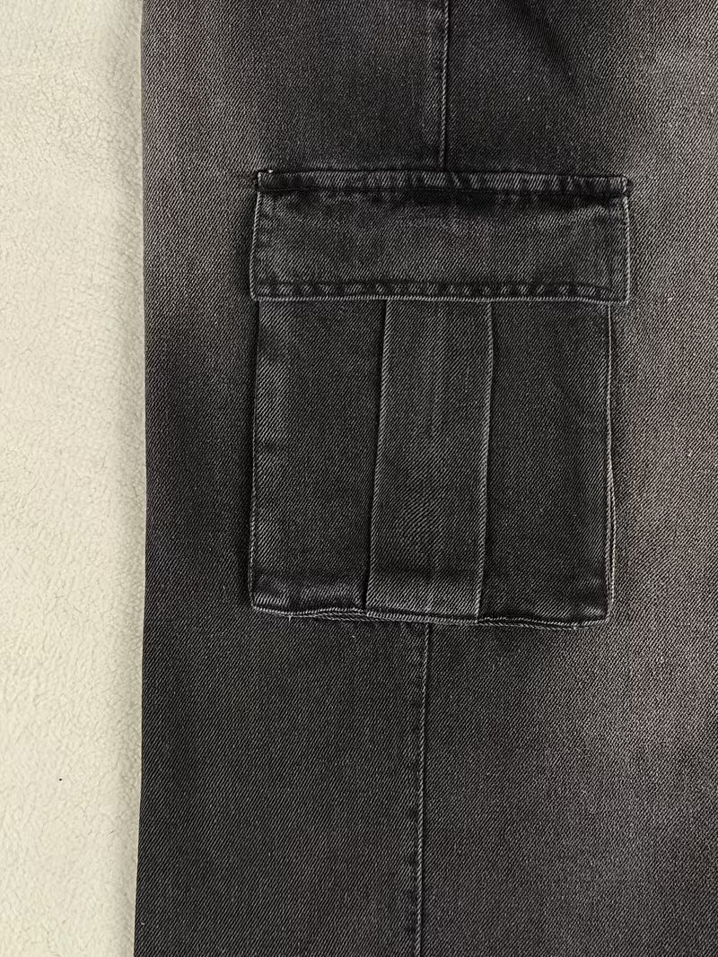 Multi-Pocket Cargo Jeans, Loose Straight Leg Casual Pants